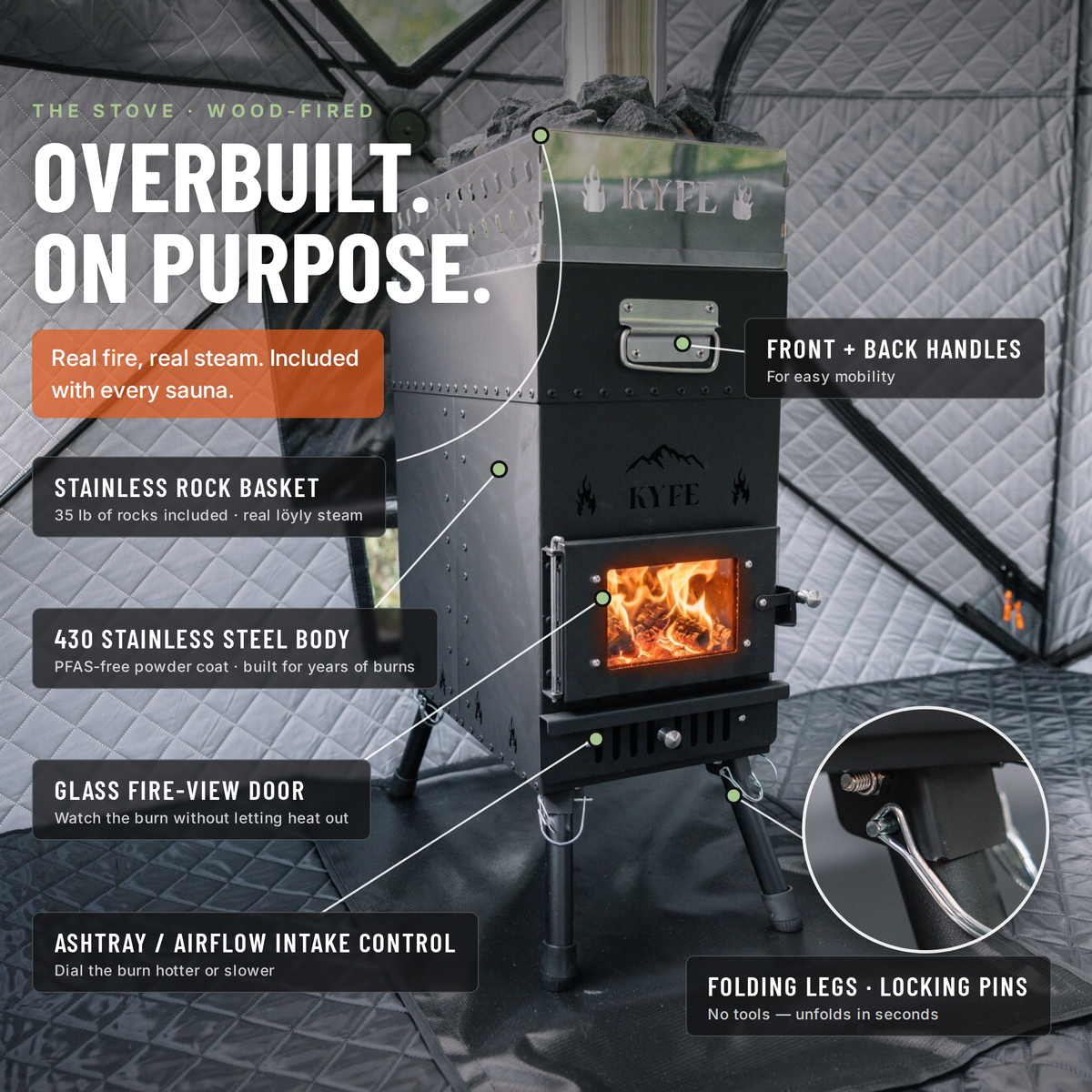 KYFE wood-fired sauna stove with glass fire-view door, stainless rock basket, and folding legs