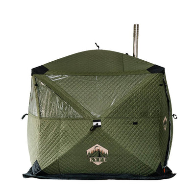 Forest green KYFE portable sauna tent on white background, wood-fired outdoor sauna kit