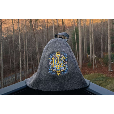Kyfe wool sauna hat Ukrainian Gray - charcoal felt with embroidered trident crest