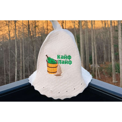 Kyfe wool sauna hat Mountain Life -embroidered design, outdoor lifestyle shot
