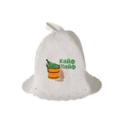 Kyfe wool sauna hat Mountain Life - white felt with Kyfe Life embroidery