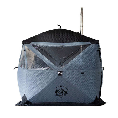 Arctic grey KYFE portable sauna tent on white background, wood-fired outdoor sauna kit