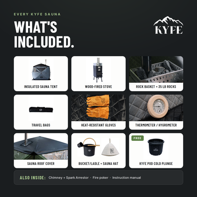 KYFE portable wood-fired sauna tent kit, includes stove, rock basket, gloves, and free cold plunge