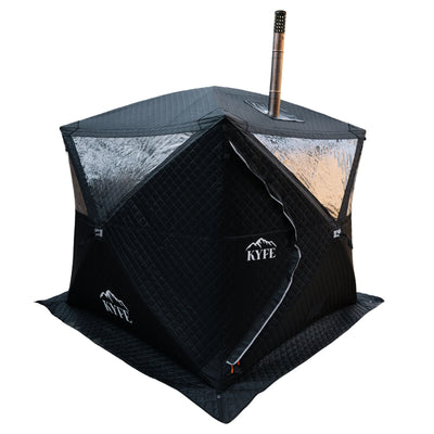 Black limited edition KYFE portable sauna tent on white background with chimney pipe, quilted insulated walls, panoramic windows, and integrated floor skirt, outdoor wood-fired sauna kit
