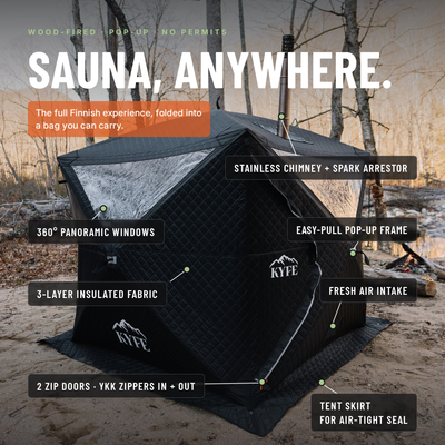 KYFE portable wood-fired sauna tent with 360° panoramic windows, insulated fabric, and stainless chimney